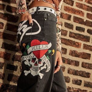 ED HARDY LKS SKULL WIDE LEG JEAN SIZE 32 FADED BLACK NWT